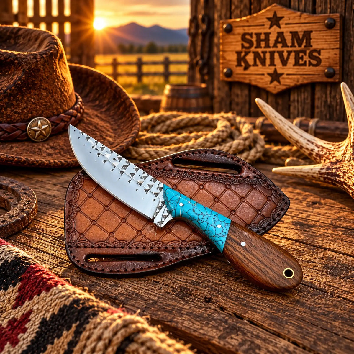 7.5” Turquoise & Wood Trail Rancher Western Skinning Knife Rasp Steel With Tooled Belt Leather Sheath