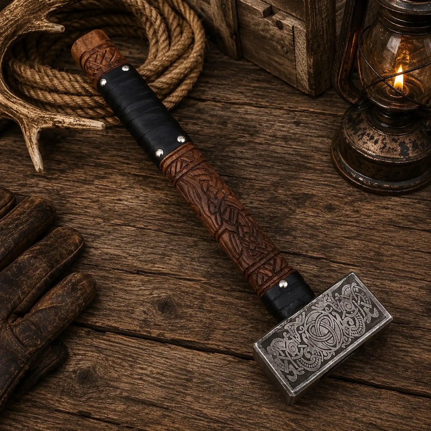 13″ Valknut Viking Battle Hammer – Rosewood & Leather Cover