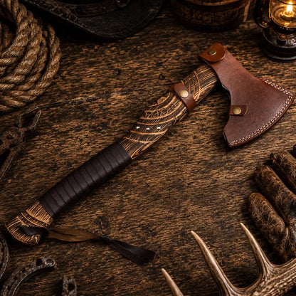 Handcrafted Viking Axe – 1095 Carbon Steel, Carved Ash Wood & Sheath