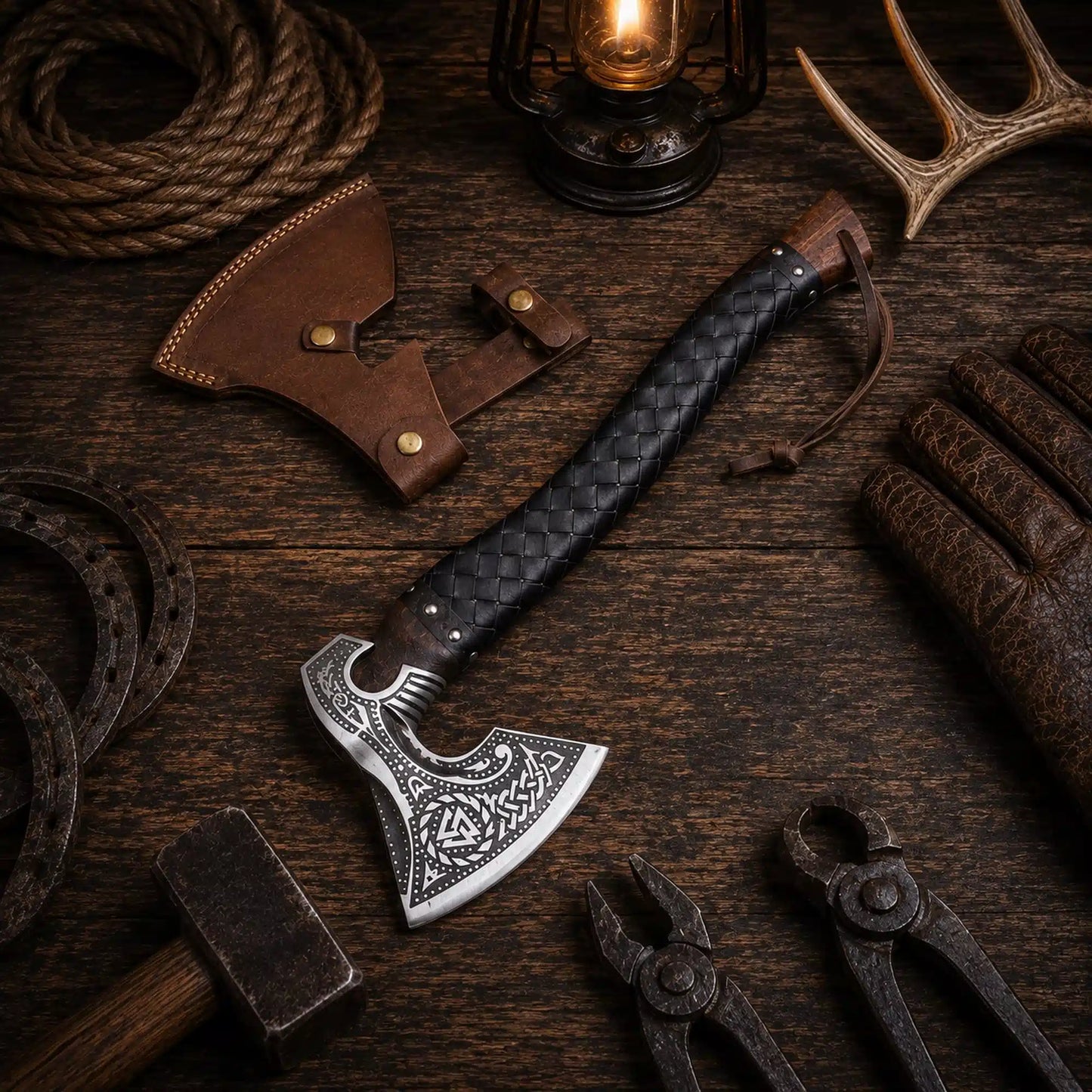 Viking Axe with Leather Sheath – Hand Forged Norse Engraving Hatchet