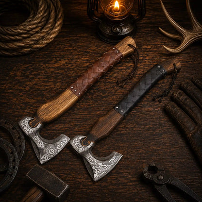 Personalized Norse & Celtic Engraved Bearded Camping Axe with Leather Sheath