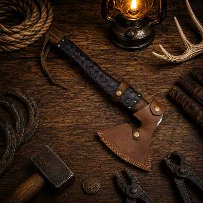 Viking Axe with Leather Sheath – Hand Forged Norse Engraving Hatchet
