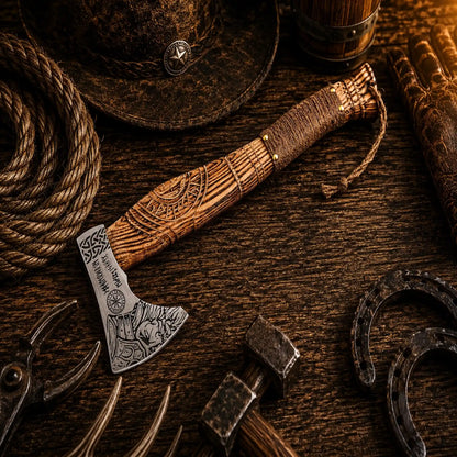 Viking Berserker Battle Axe – Hand Forged Norse Axe with Carved Ash Wood Handle