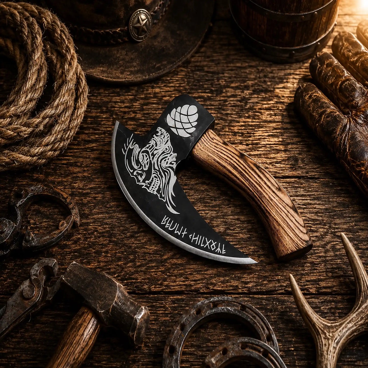 Skull Etched Pizza Cutter Axe – Medieval Carbon Steel Pizza Axe
