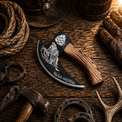 Skull Etched Pizza Cutter Axe – Medieval Carbon Steel Pizza Axe