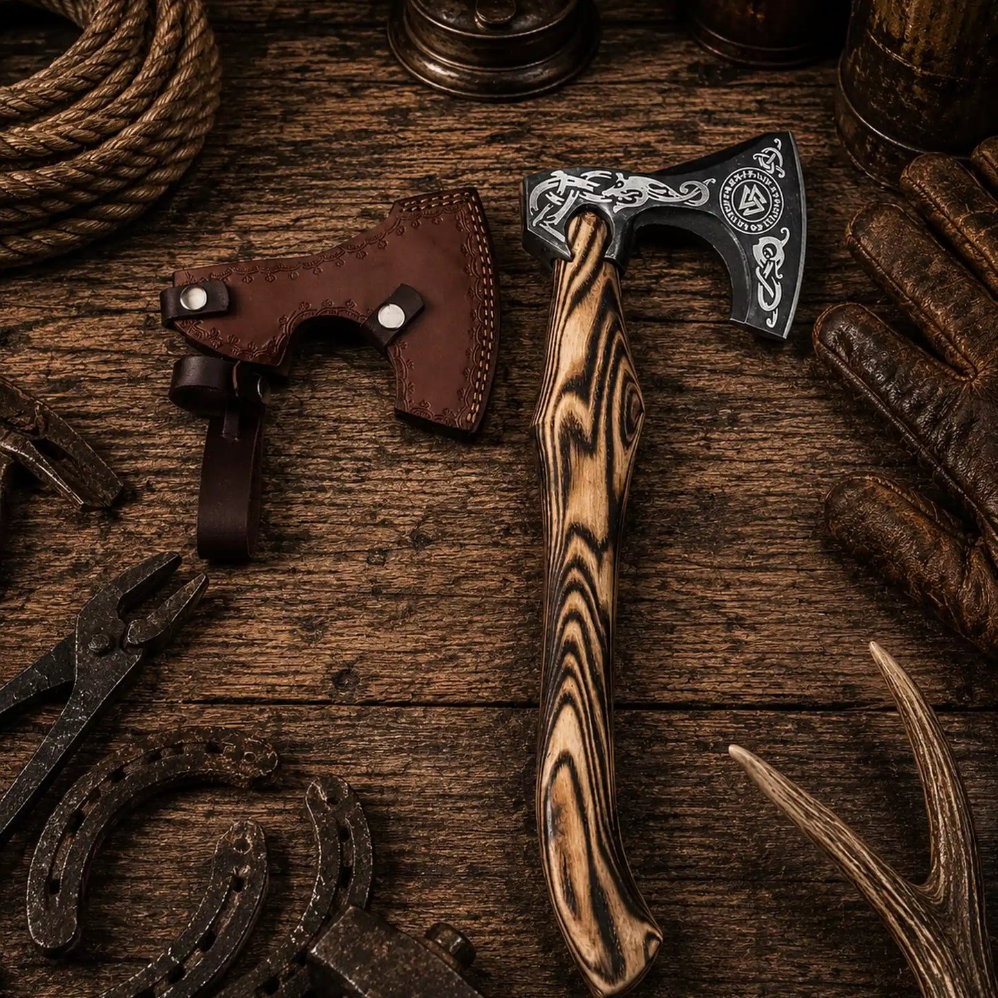 Viking Rune Engraved Bearded Hatchet – Burnt Ash Wood Handle