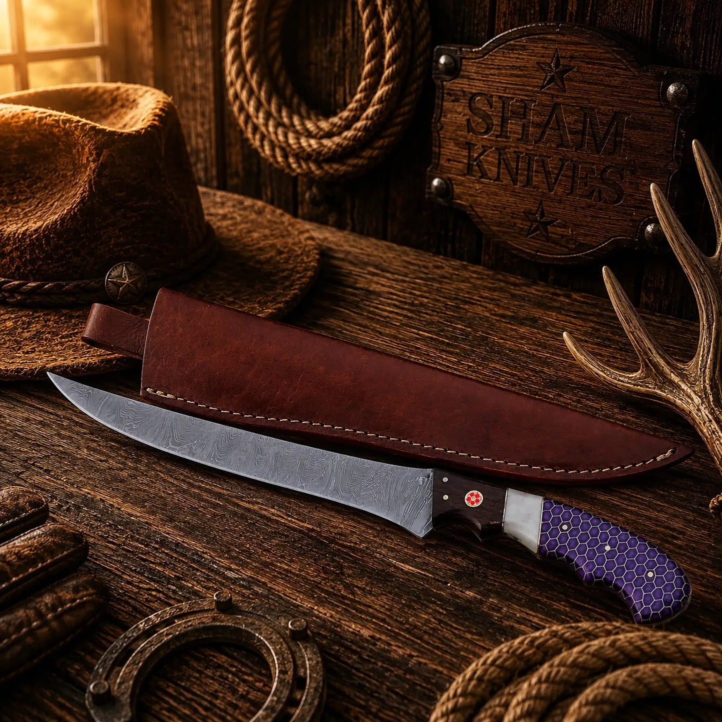 Violet Angler Damascus Steel Fillet Knife – Purple Honeycomb Handle Handmade