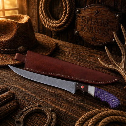 Violet Angler Damascus Steel Fillet Knife – Purple Honeycomb Handle Handmade