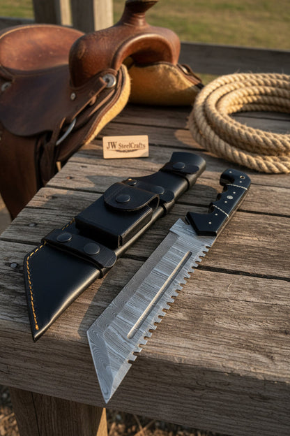 Handmade Damascus Tracker Knife 12” Sawback Blade Survival Knife Black resin Handle & Sheath