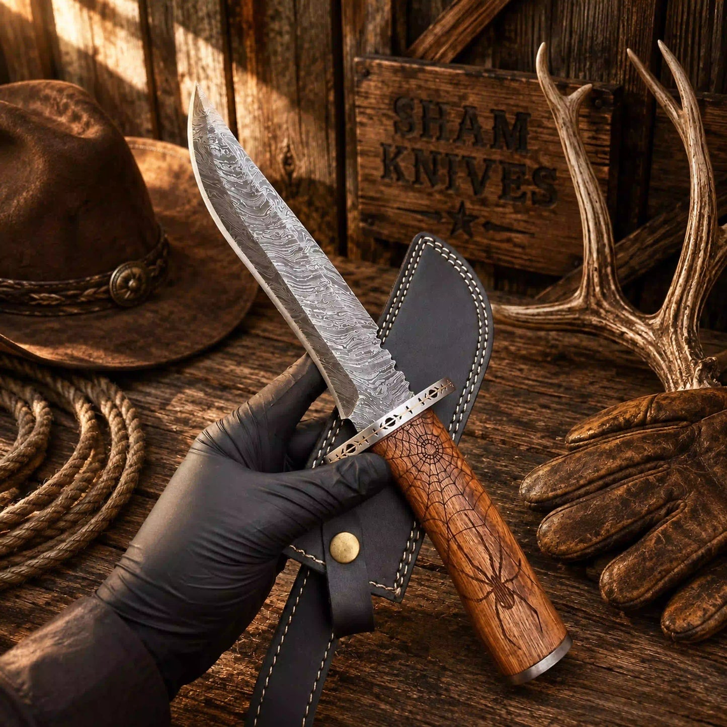 Web of Steel Bowie Knife – Damascus & Spider Engraved Walnut Wood Handle