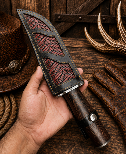 Nightwood Trail Bowie Knife – Damascus Steel, Wenge Wood Handle & Leather Sheath