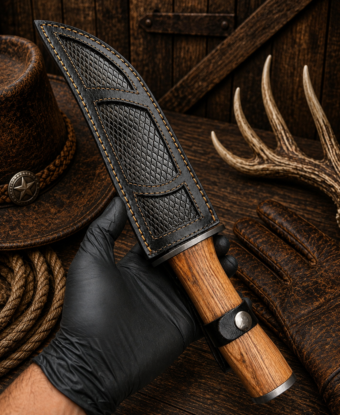 The Ash Ranger Bowie Knife – Damascus Steel & Leather Belt Sheath