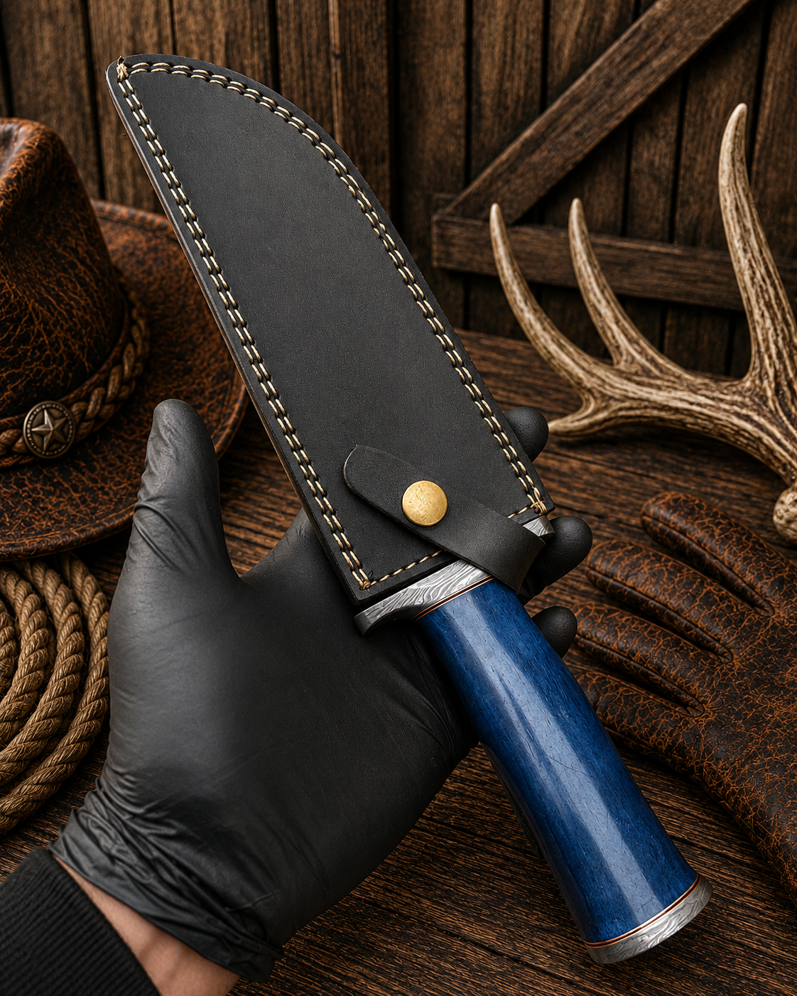 Western Trail Bowie Knife – Damascus, Blue Camel Bone & Sheath