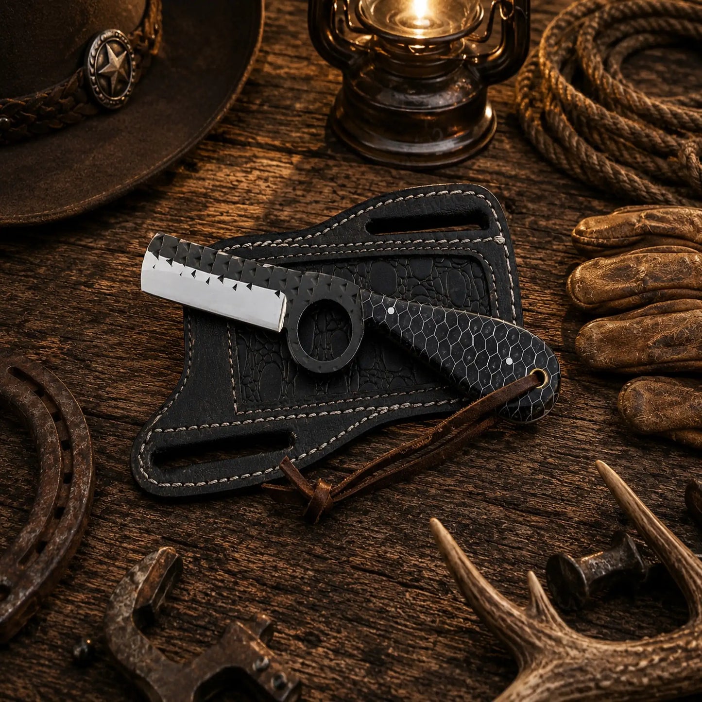 Handmade Bull Cutter Knife – D2 Powder Coated Blade Honeycomb Handle & Front Pancake Leather Sheath