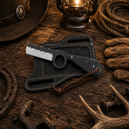 Handmade Bull Cutter Knife – D2 Powder Coated Blade Honeycomb Handle & Front Pancake Leather Sheath