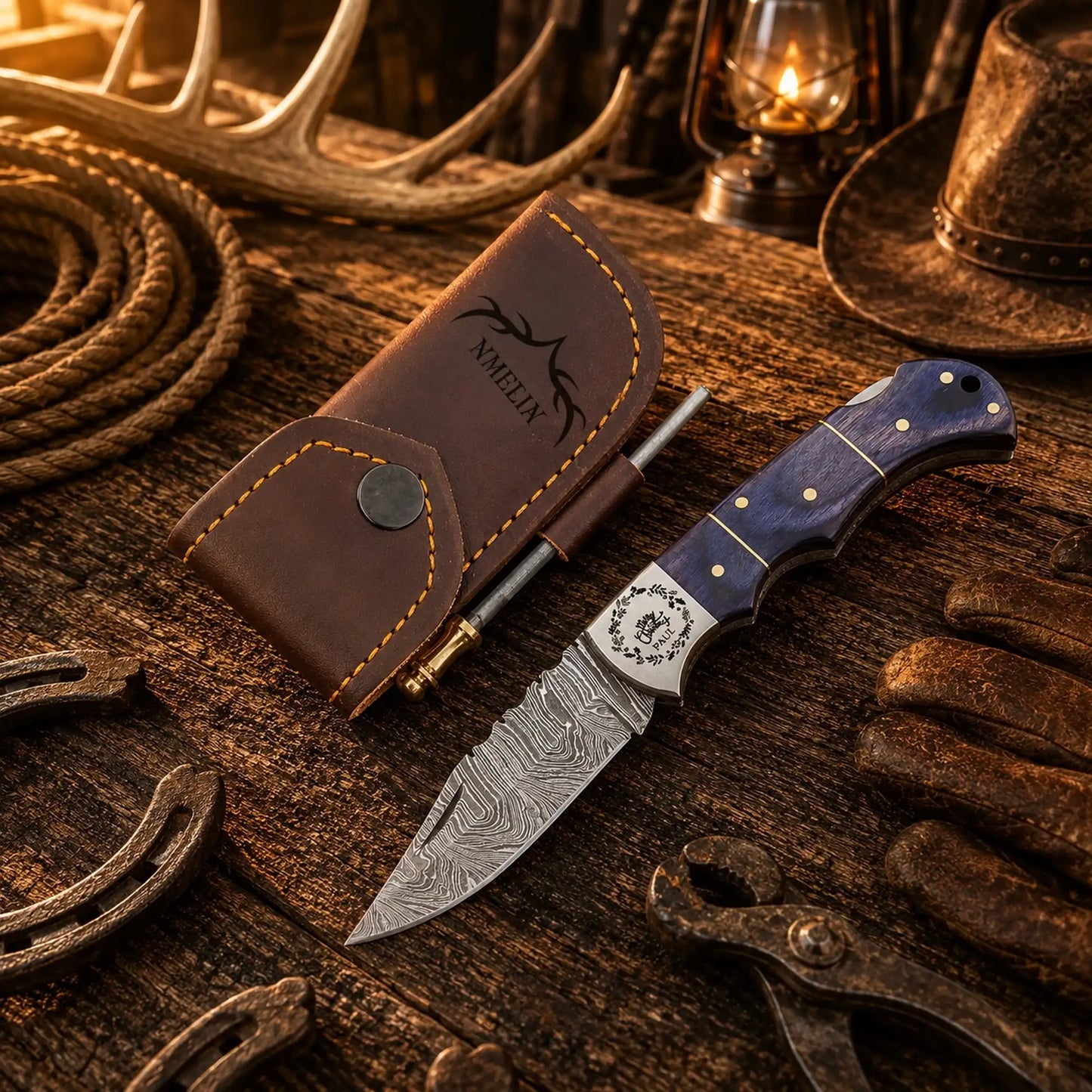 Western Cowboy Damascus Folding Knife – Purple Pakka Wood Handle
