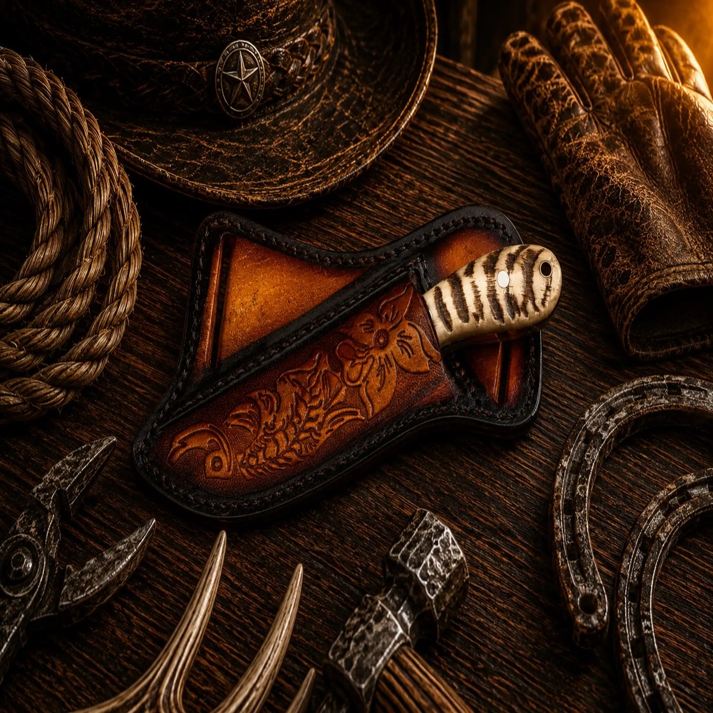 The Iron Ranch Cowboy Knife – Handmade D2 Powder Coated Steel with Ram Horn Handle