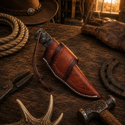 Cowboy Ranch Hunting Knife D2 Rasp Powder Coated Steel – Jigged Pakka Wood Handle with Horizontal Leather Sheath