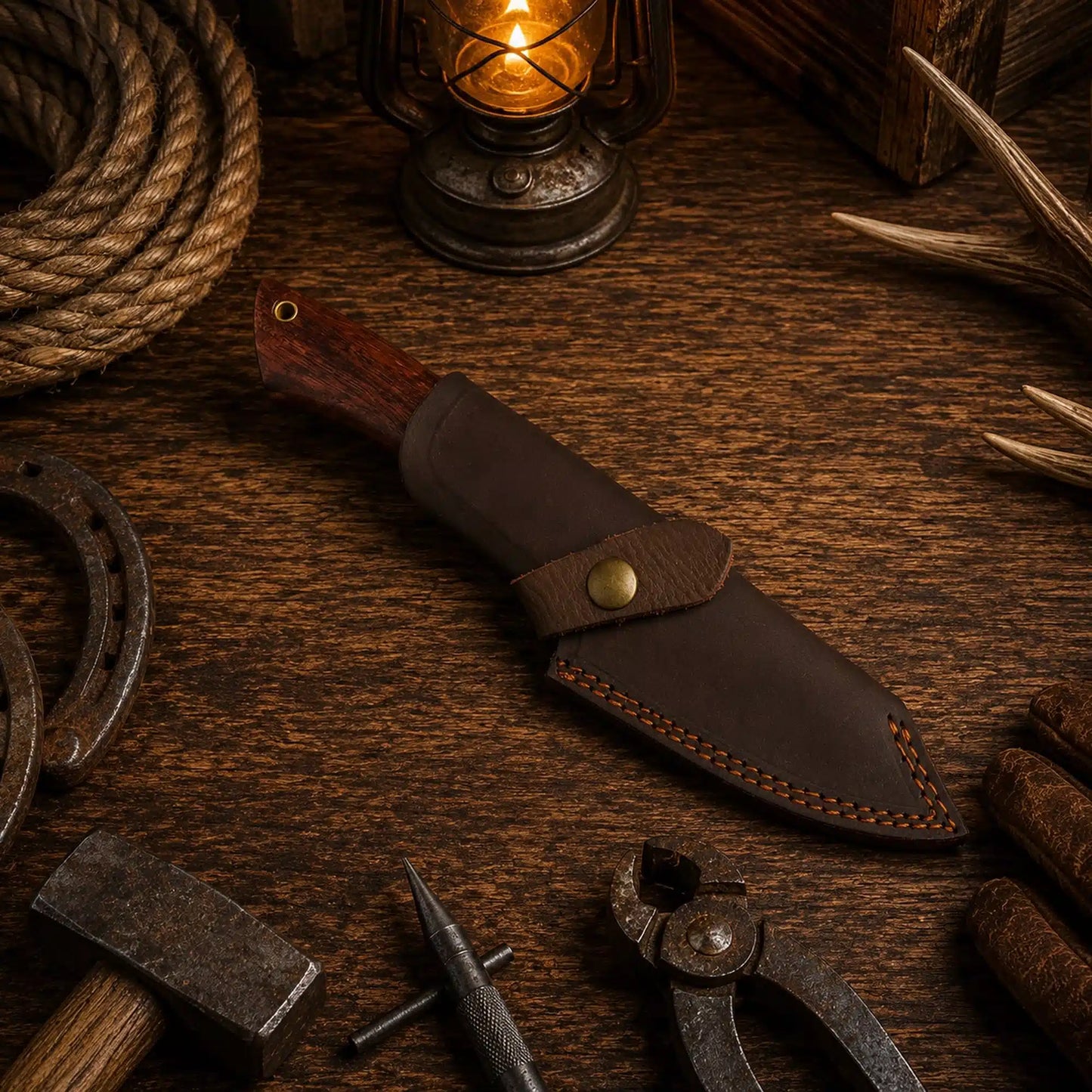 Custom Damascus Hunting Knife – Turquoise & Rosewood Handle