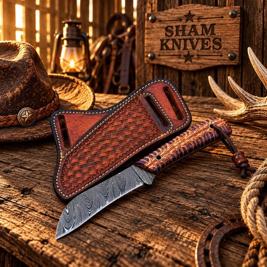 Western Drifter Damascus Steel Skinning Knife with pine cone handle & cross Draw belt Leather Sheath
