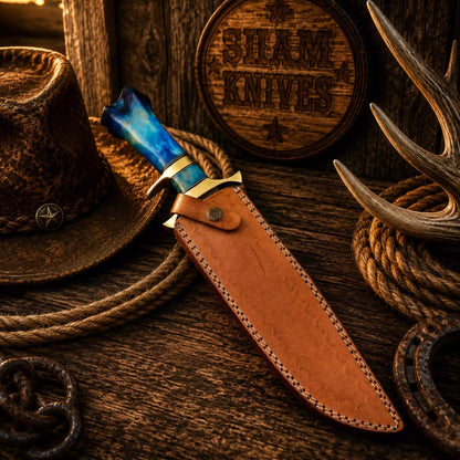 Frontier Legend Bowie Knife – Damascus, Blue Camel Bone & Sheath