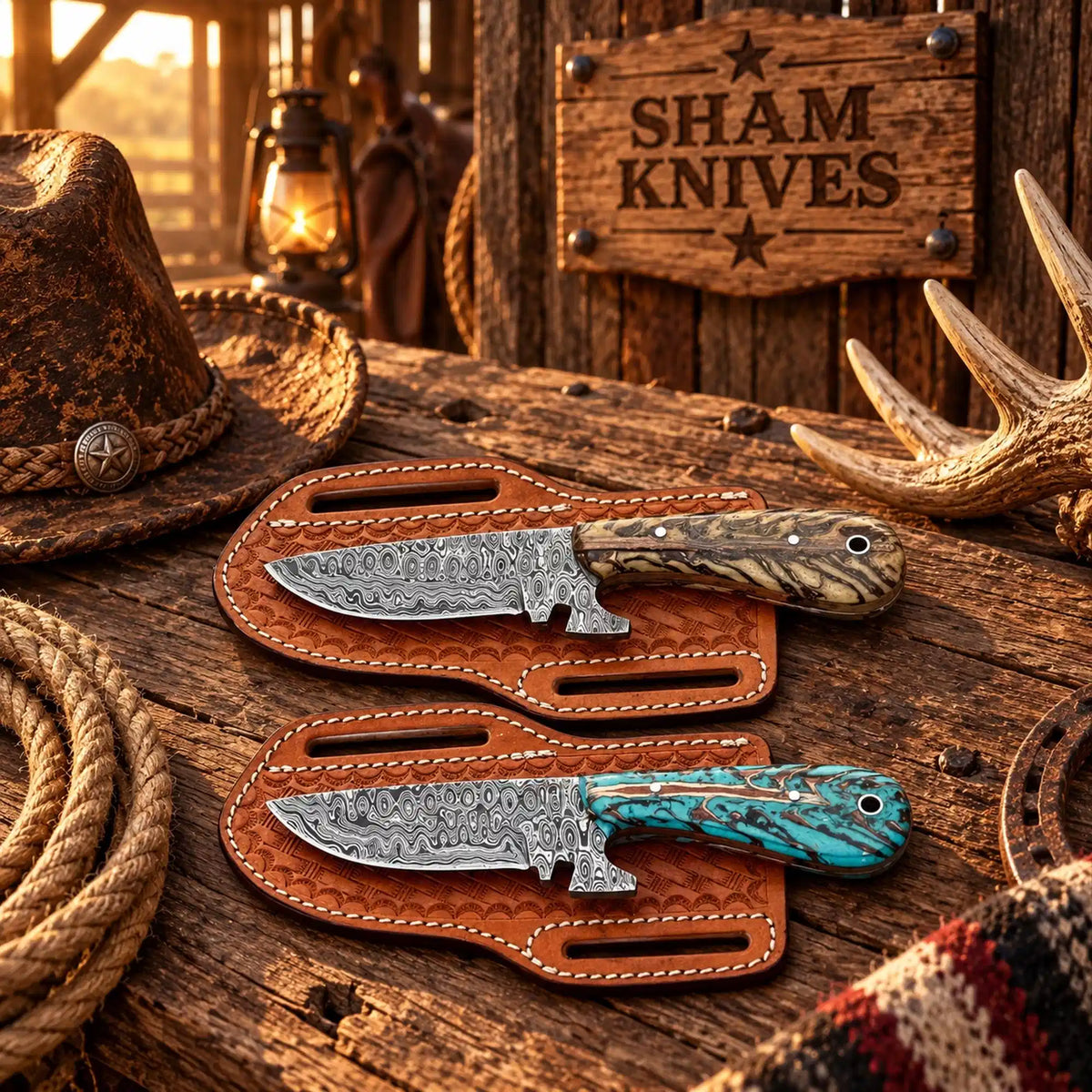 Western Pair Damascus Skinning Knives – Pine Cone Handles & Sheaths