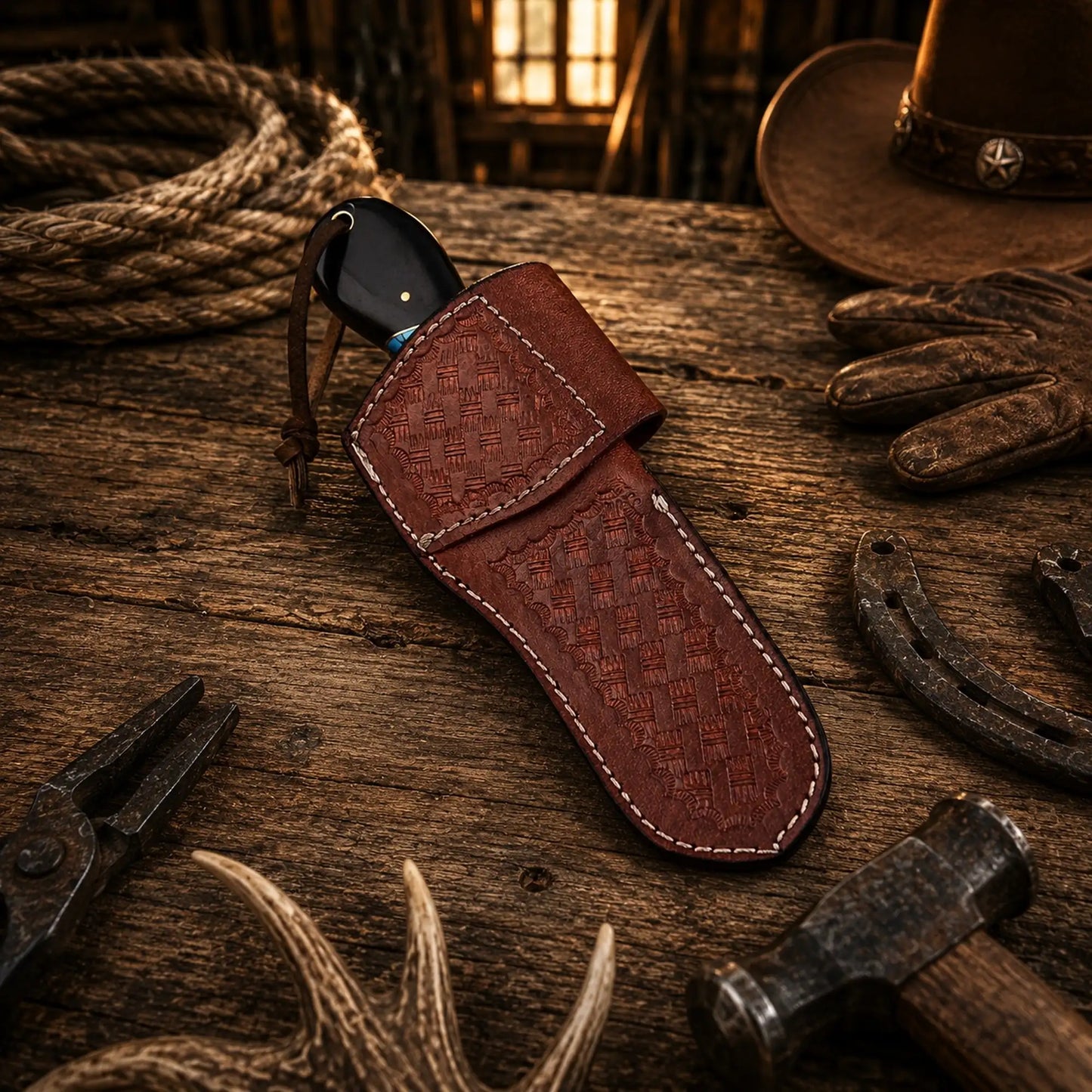 Bull Cutter Knife – Handmade 1095 Damascus Steel Cowboy Knife with Buffalo Horn & Turquoise Handle