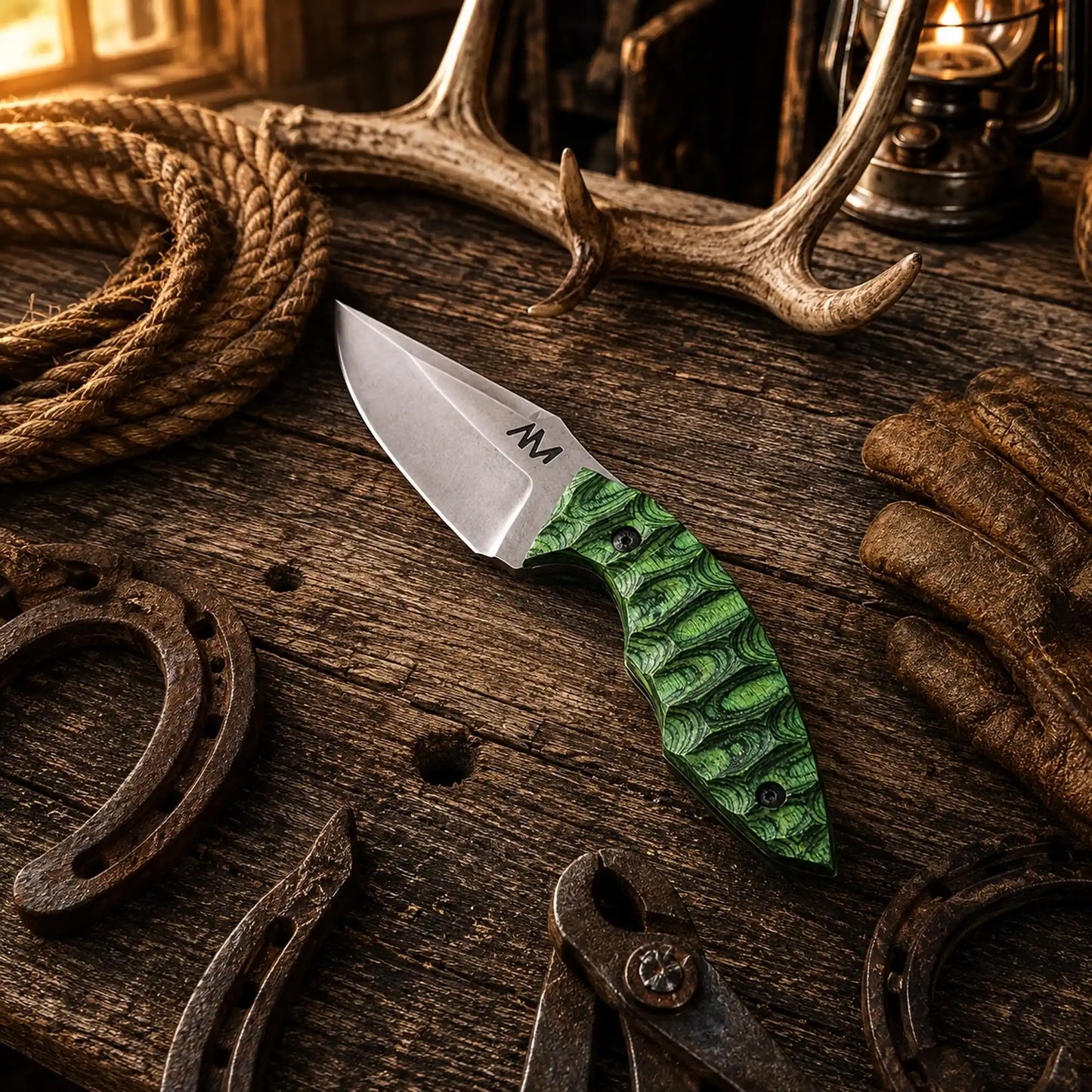 Western Ranch EDC Knife – 3.5" D2 Steel Blade with Green Pakka Wood Handle