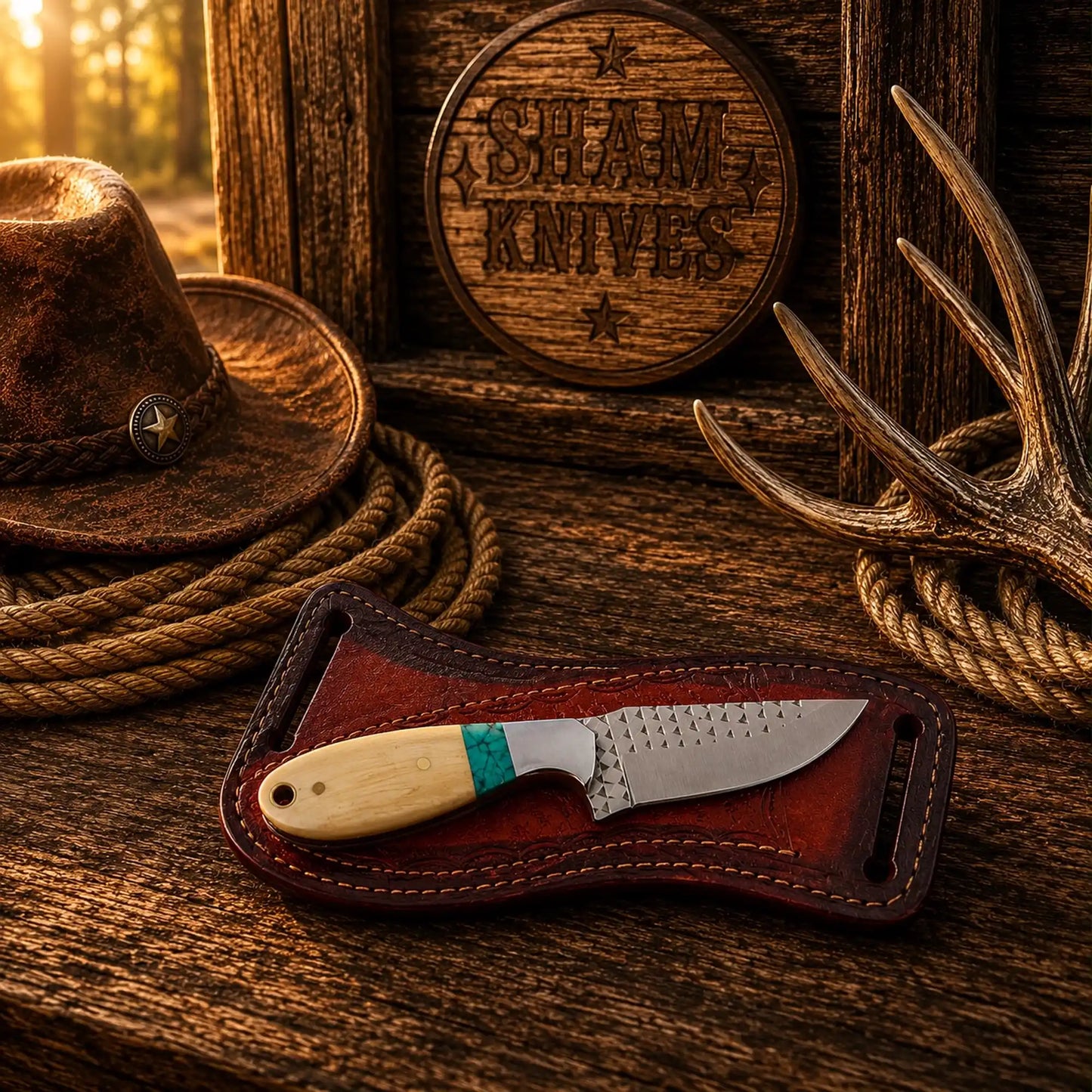 Rasp Steel Drop Point Knife – Bone, Turquoise & Cross-Draw Sheath