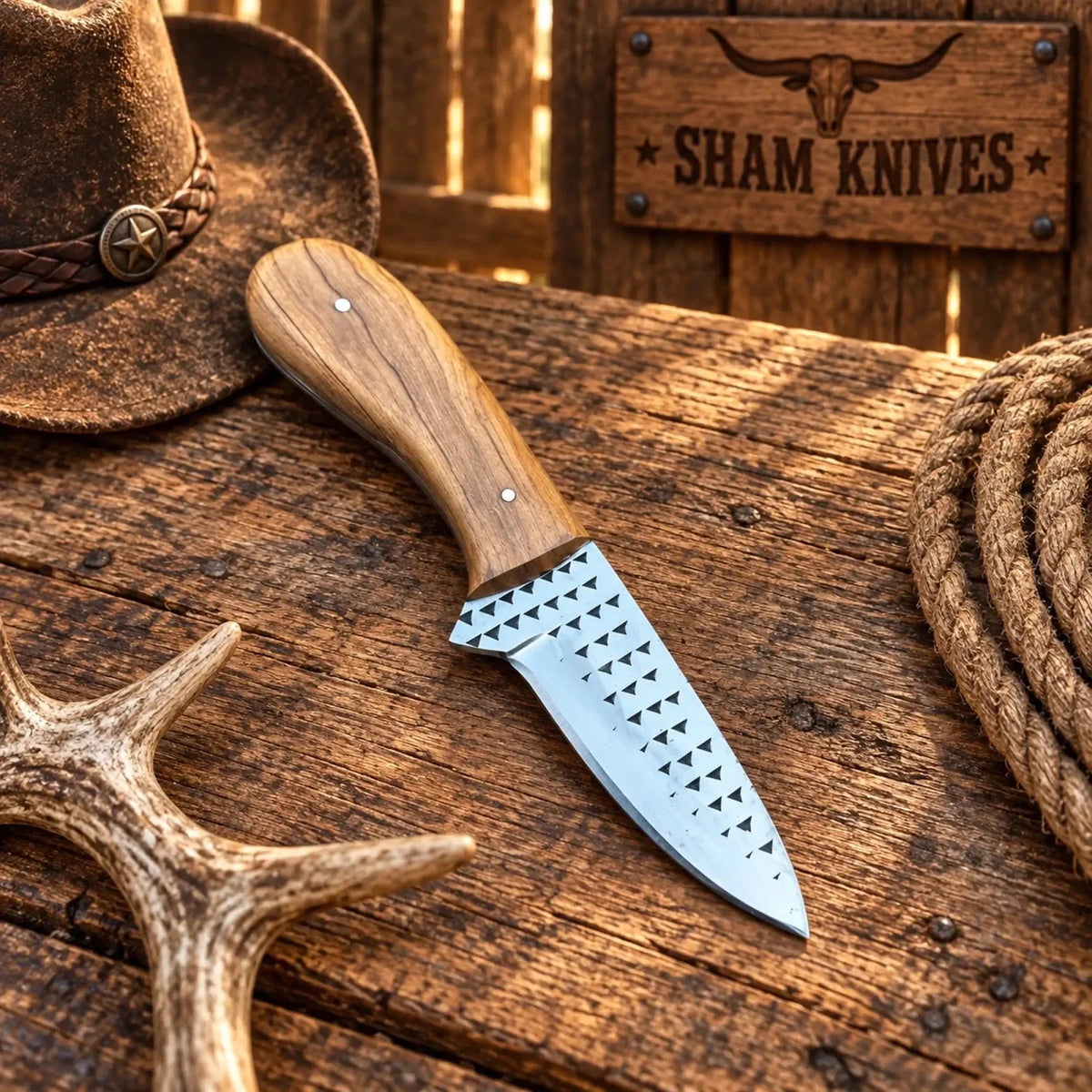 Western Rasp Steel Cowboy Skinning Knife – Floral Pancake Sheath