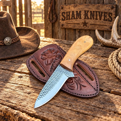 Western Rasp Steel Cowboy Skinning Knife – Floral Pancake Sheath
