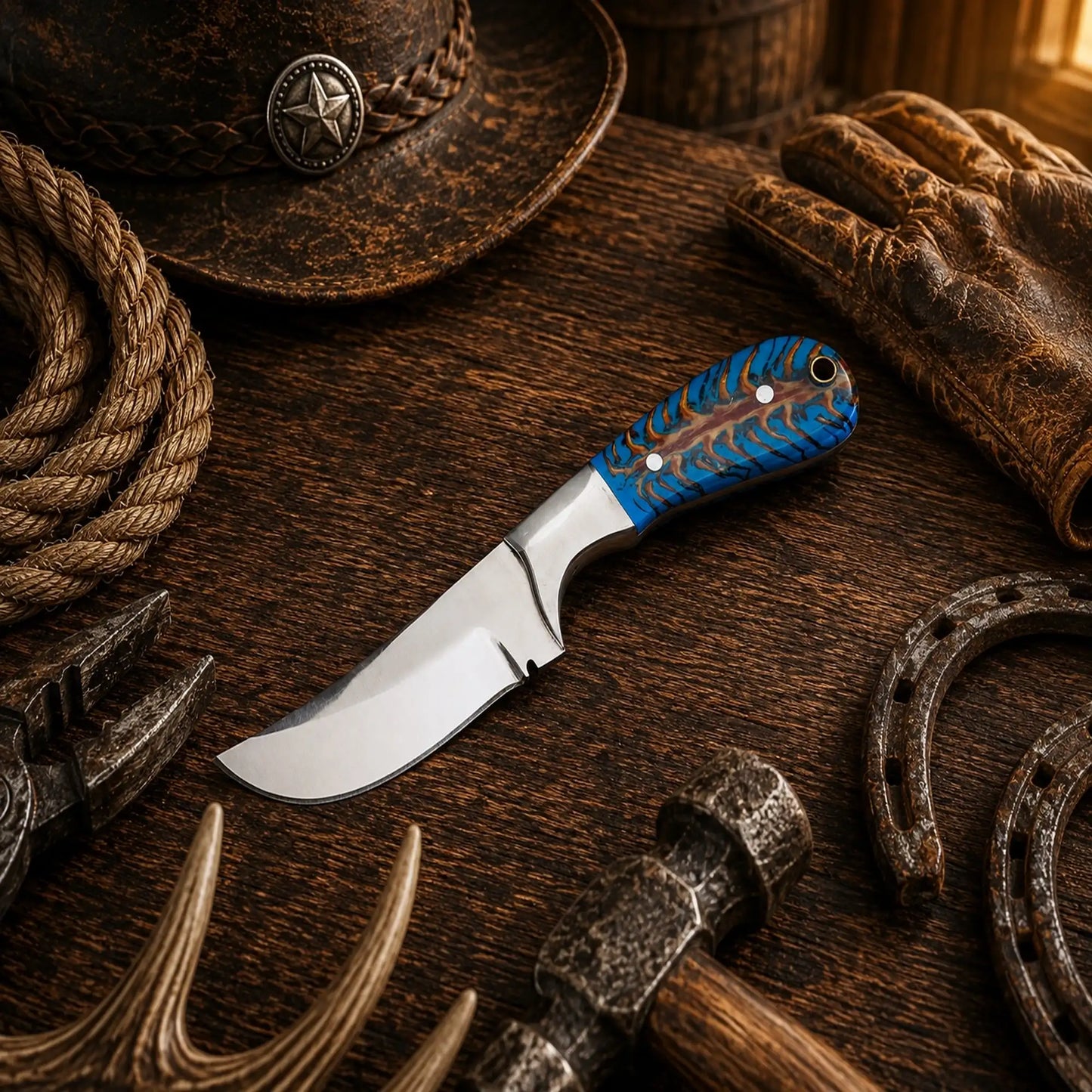 Western Style Ranch Knife – Handmade D2 Steel Turquoise Pine Cone Knife with Cross Draw Sheath