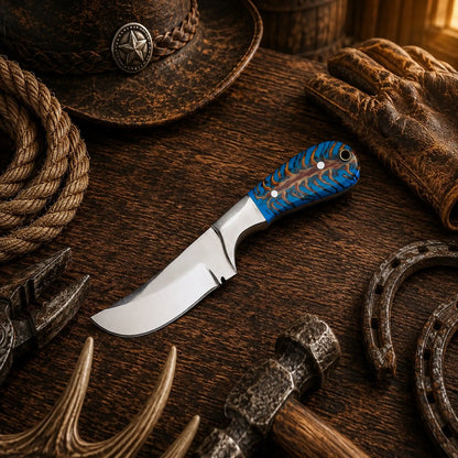 Western Style Ranch Knife – Handmade D2 Steel Turquoise Pine Cone Knife with Cross Draw Sheath