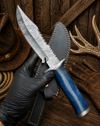 Western Trail Bowie Knife – Damascus, Blue Camel Bone & Sheath