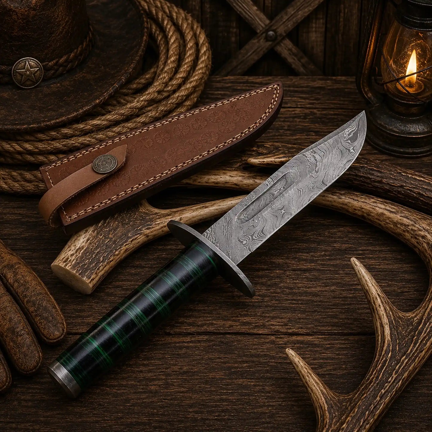 Western Trailmaster Bowie Knife – Damascus Steel, Exotic Wood Handle & Leather Sheath