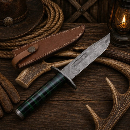 Western Trailmaster Bowie Knife – Damascus Steel, Exotic Wood Handle & Leather Sheath