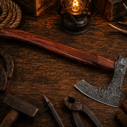 Wild Frontier Damascus Viking Axe – Rosewood Handle & Leather Sheath