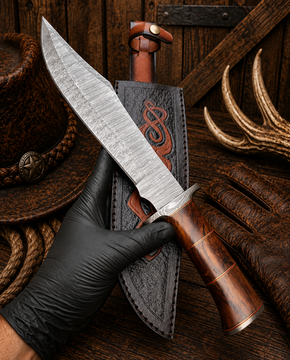 15″ Wild Highland Bowie Knife – Damascus Steel With Wood Handle & Leather Sheath