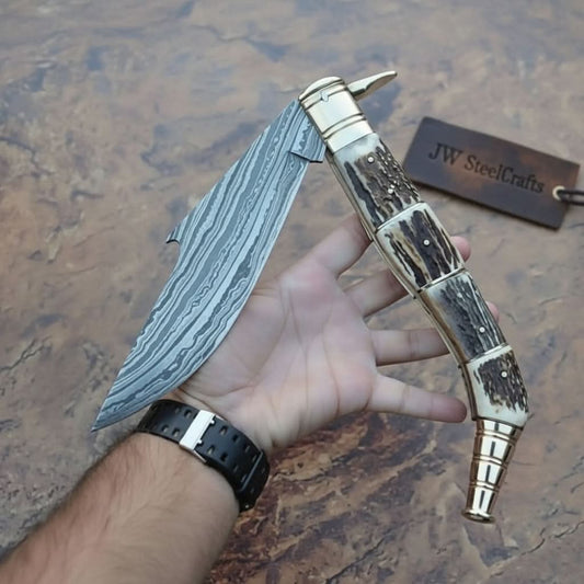 Handcrafted Damascus Steel Big Folding Knife with Genuine Antler Stag Horn Handle