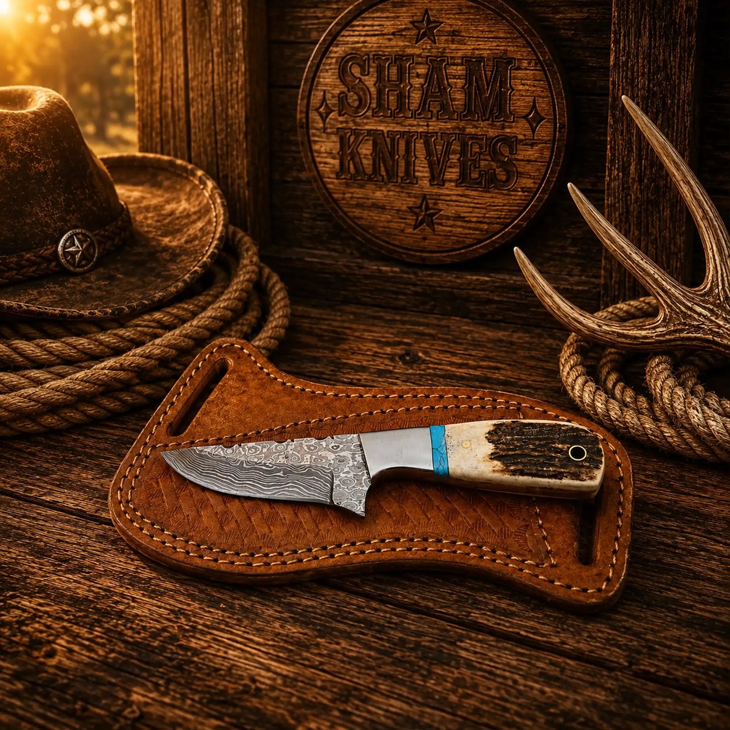 Cowboy Belt Knife – 3.25″ Raindrop Damascus, Antler & Turquoise