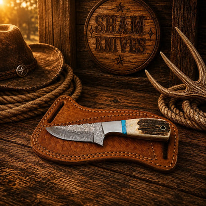 Cowboy Belt Knife – 3.25″ Raindrop Damascus, Antler & Turquoise