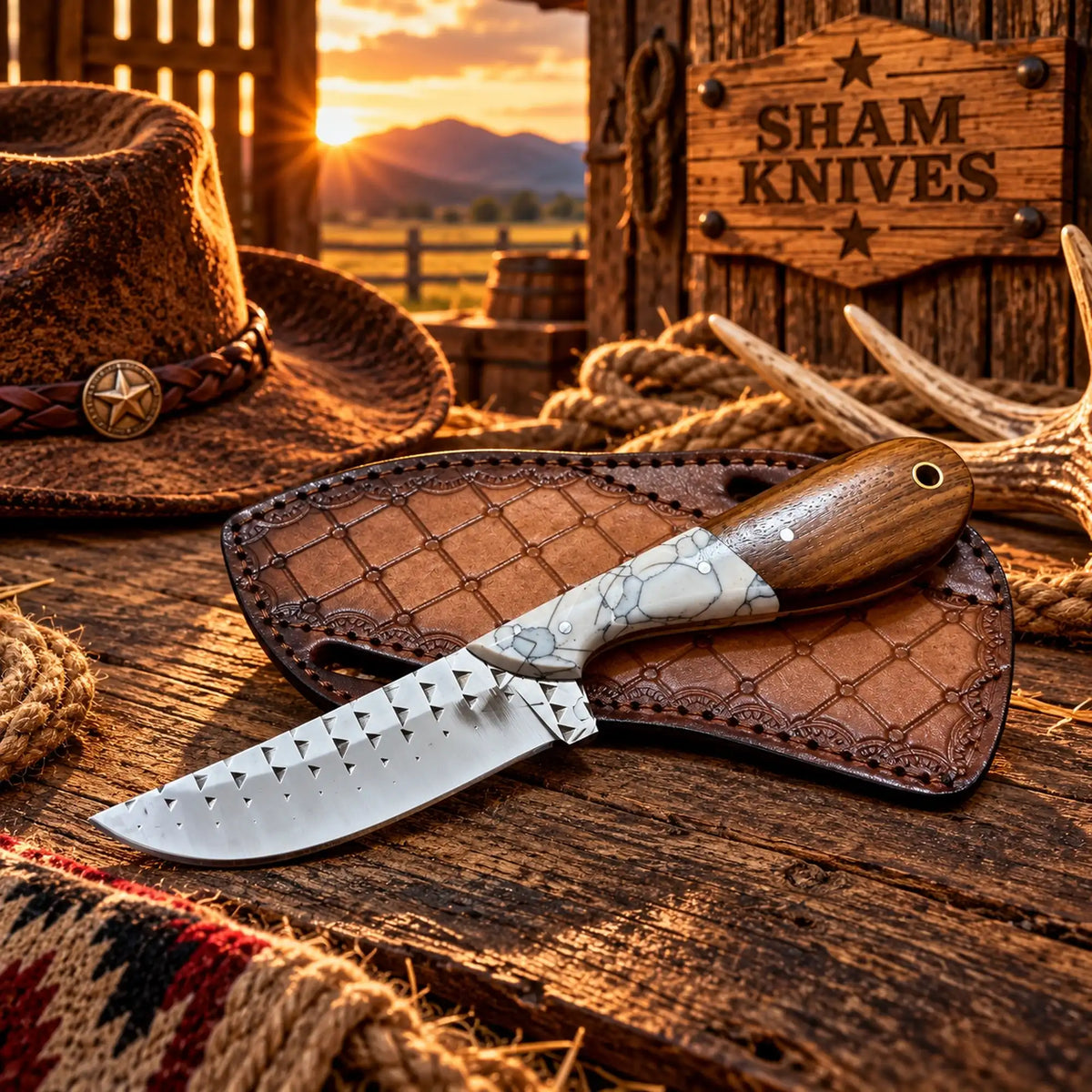 7.5” Wrangler Western Skinning Knife Rasp Steel Wood & Turquoise Handle