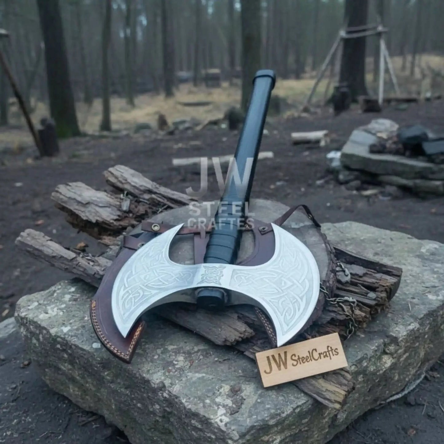 Custom Handmade Double-Headed Viking Axe with Nordic Knotwork Engravings and Cord-Wrapped Handle