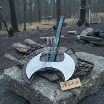 Custom Handmade Double-Headed Viking Axe with Nordic Knotwork Engravings and Cord-Wrapped Handle